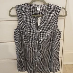 Navy gingham ruffle trim top